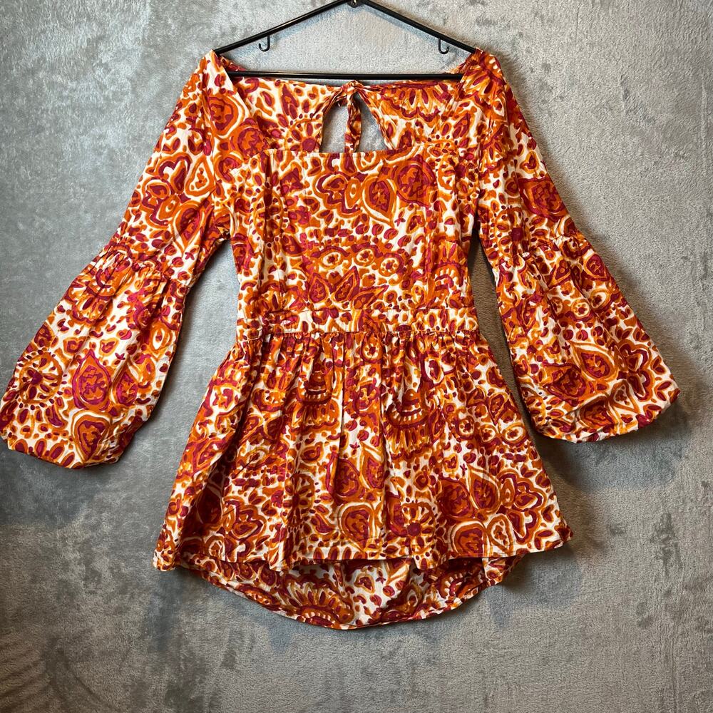 Love The‎ Label Anthropologie Melba Orange Pink Floral Tie Back Blouse Size XL